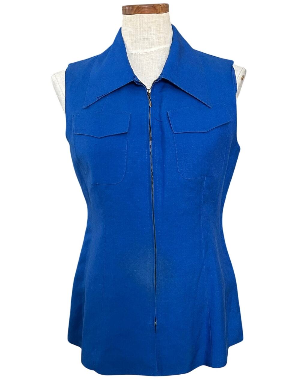 Vintage 70s Style Royal Blue Zip Front Collared Vest SIZE 10 M Peplum Old Money